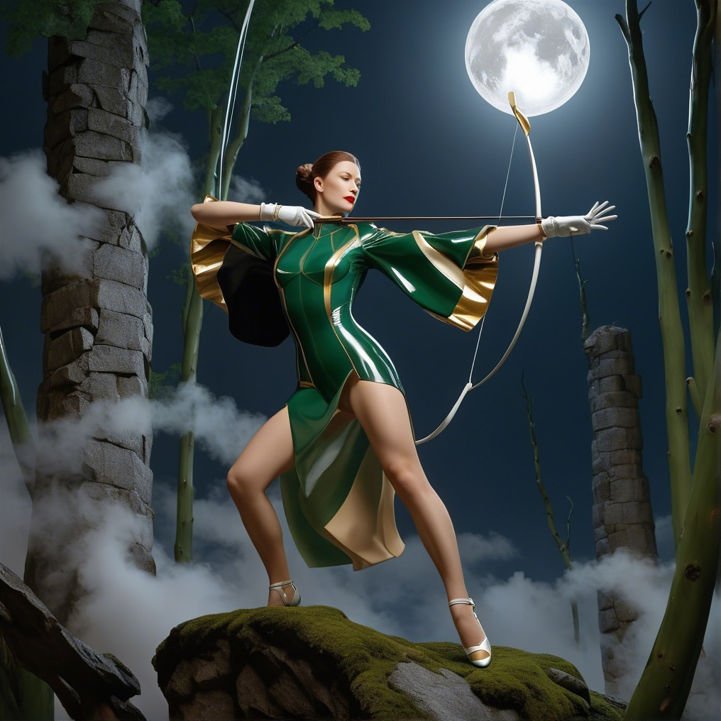 Confident Figure in Green and Gold Amidst Mystical Landscape