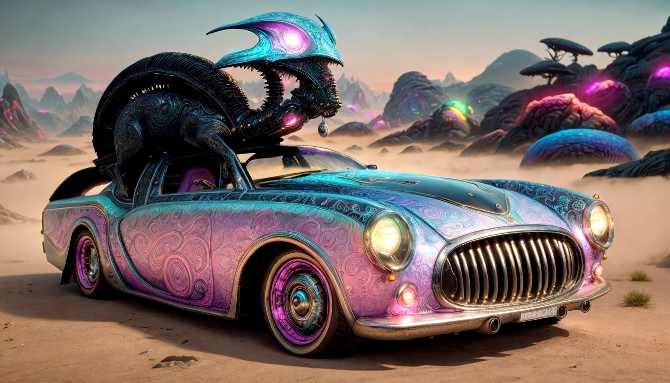 Vibrant Car with Dragon Sculpture in Surreal Landscape