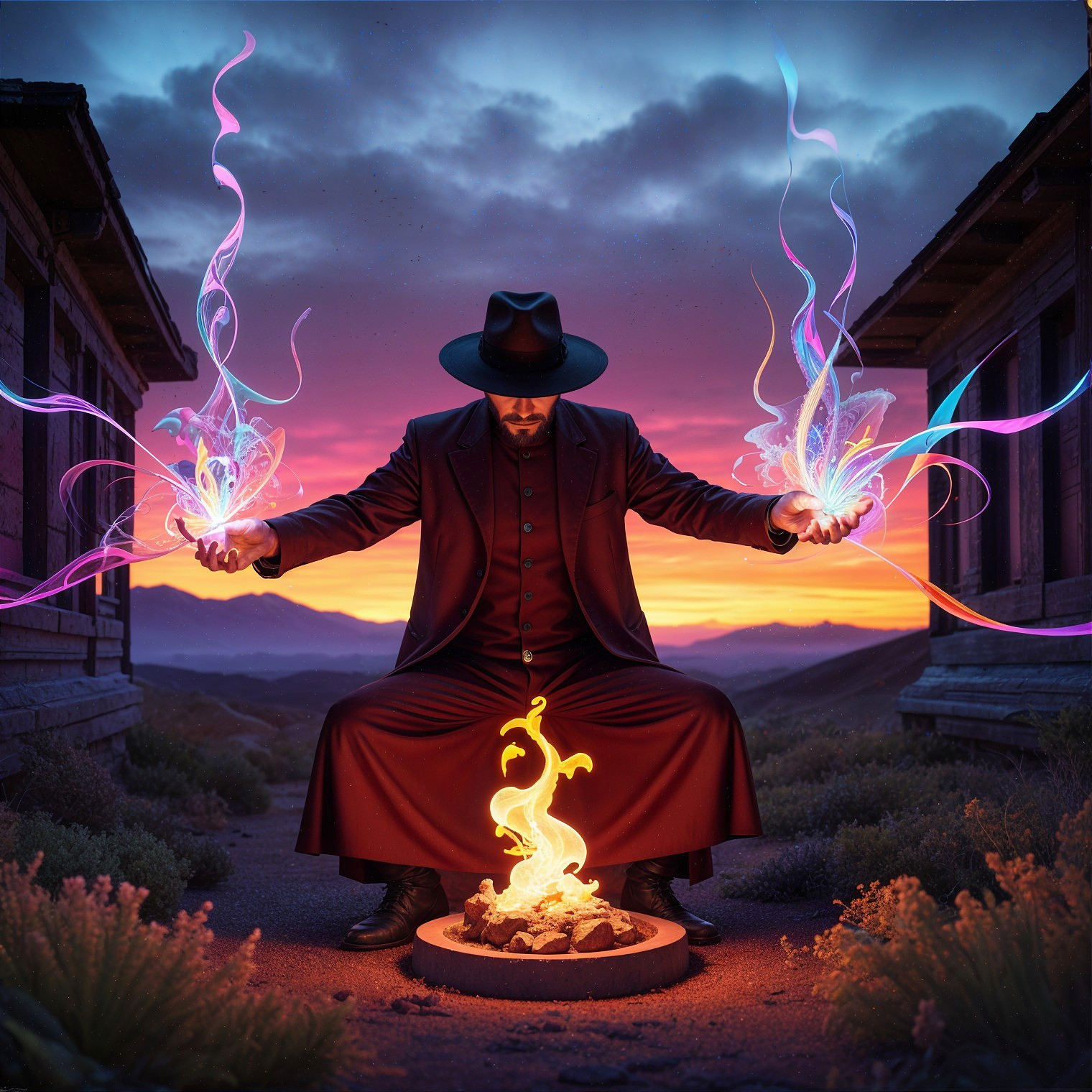 Mystical Figure with Colorful Energy by a Fire