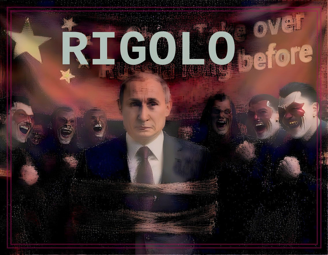 Man in Suit Surrounded by Sinister Figures and Text