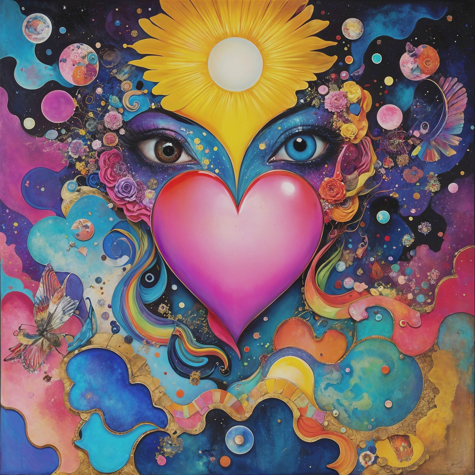 Surreal Heart Artwork with Colorful Cosmic Elements