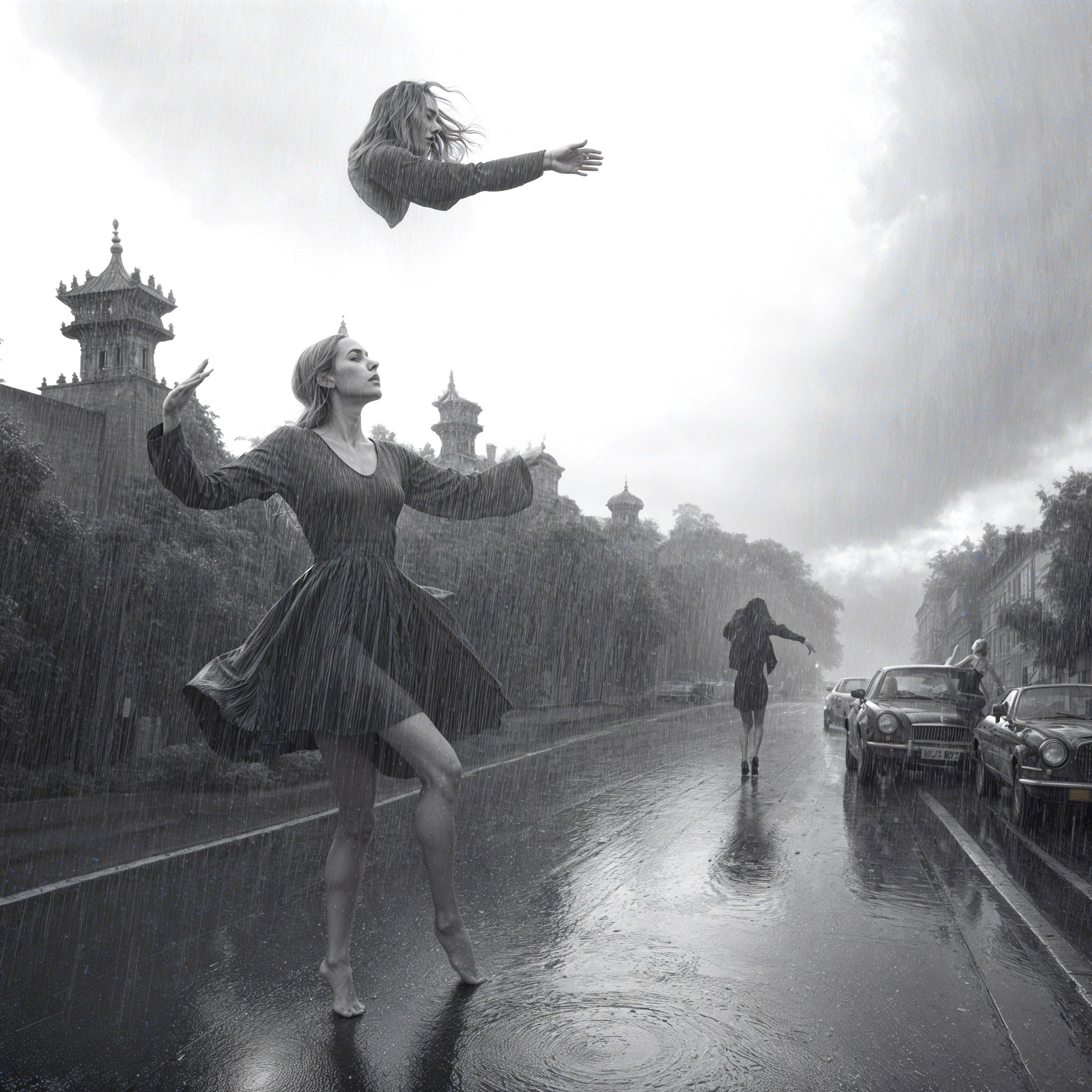 Monochrome Scene of Floating Woman and Rainy Street