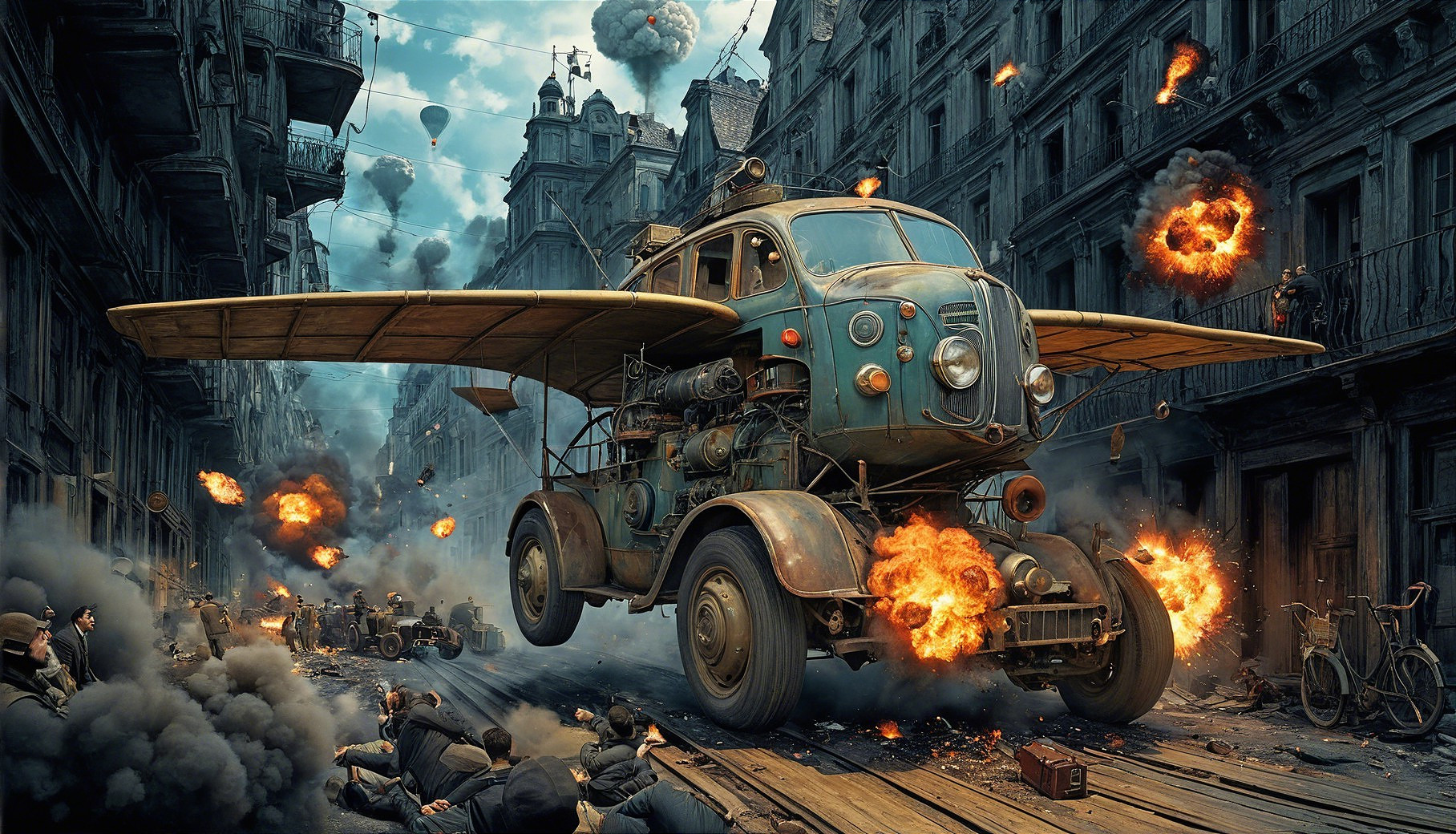 Vintage Truck with Wooden Wings in Urban Chaos