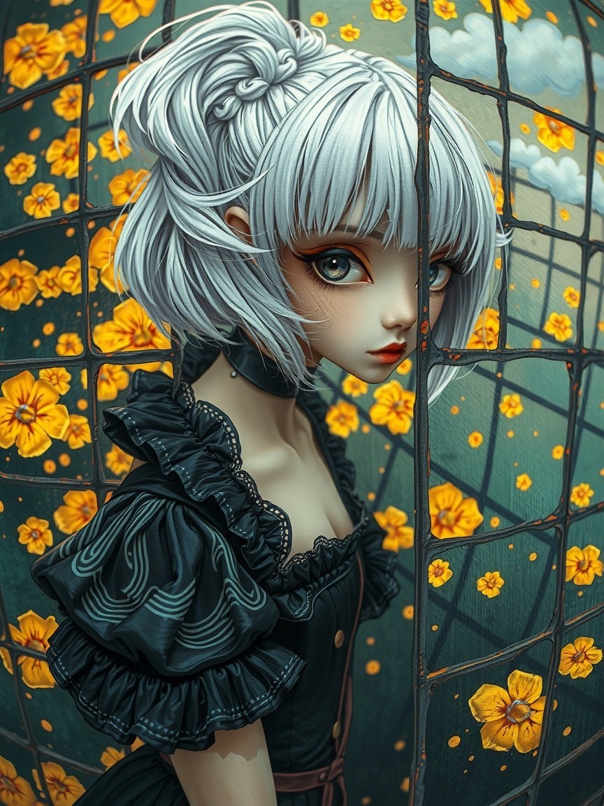 Young girl with silver hair in elegant black dress