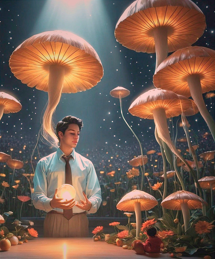Young man in a magical landscape with glowing mushrooms