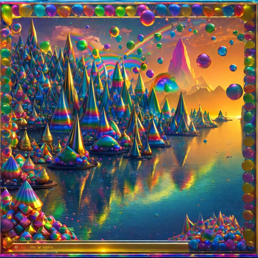 Vibrant Landscape with Cone-Shaped Mountains and Bubbles