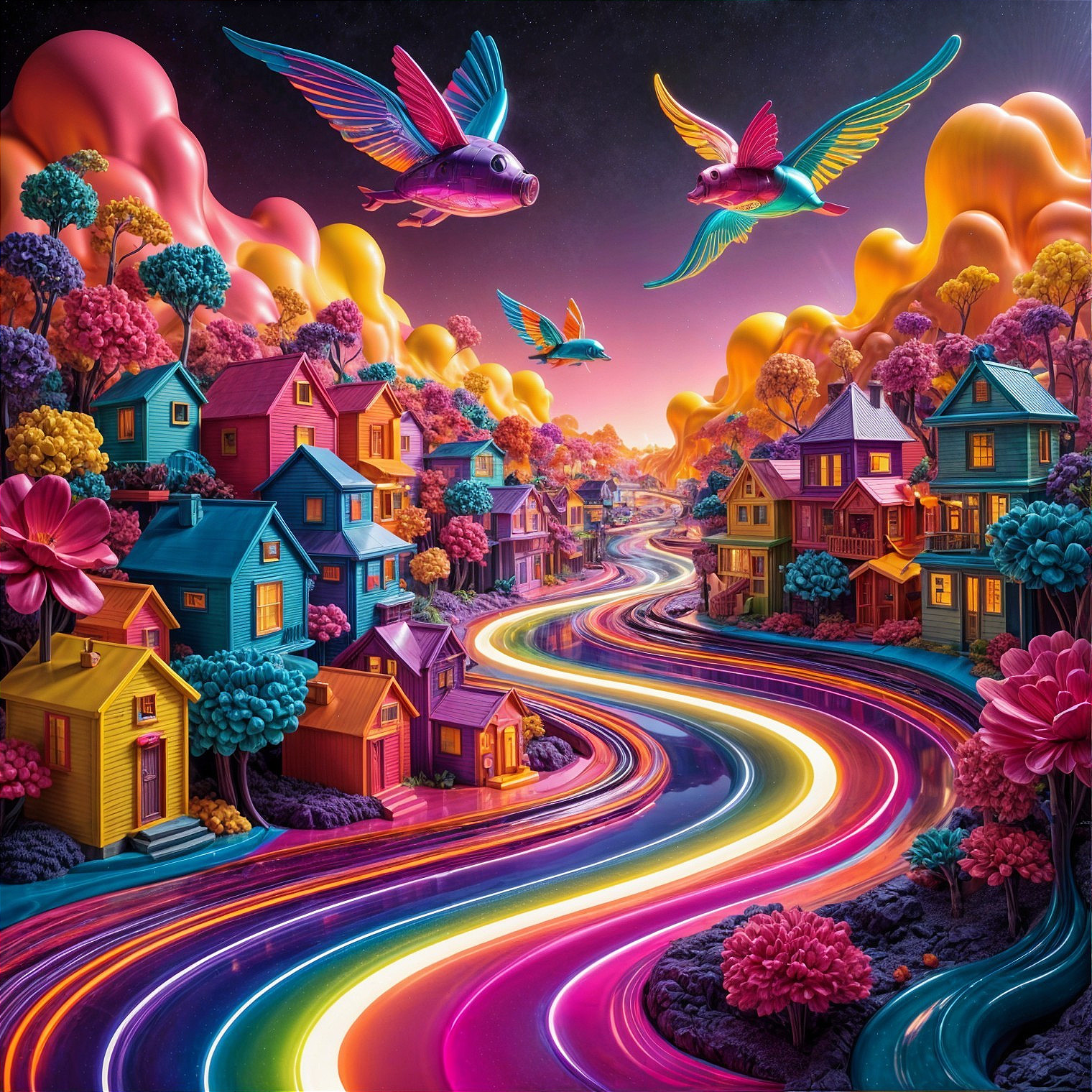 Surreal Landscape with Colorful Houses and Flora