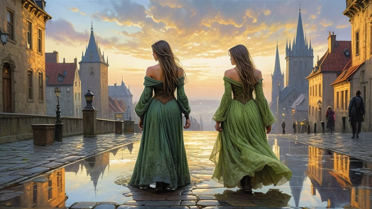 Medieval Town Scene with Women in Green Dresses