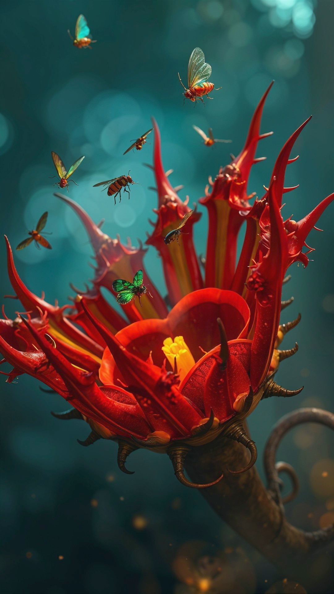 Vibrant Red Flower Surrounded by Insects in Mystical Setting