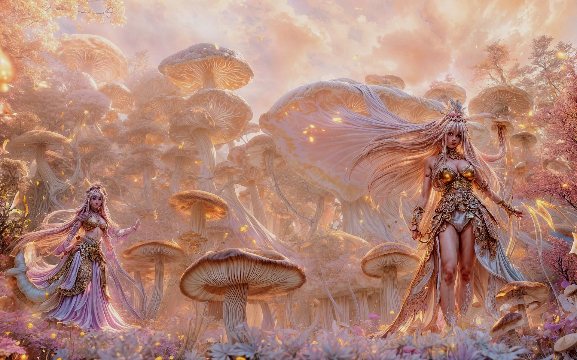 Ethereal Figures in a Luminescent Mushroom Landscape