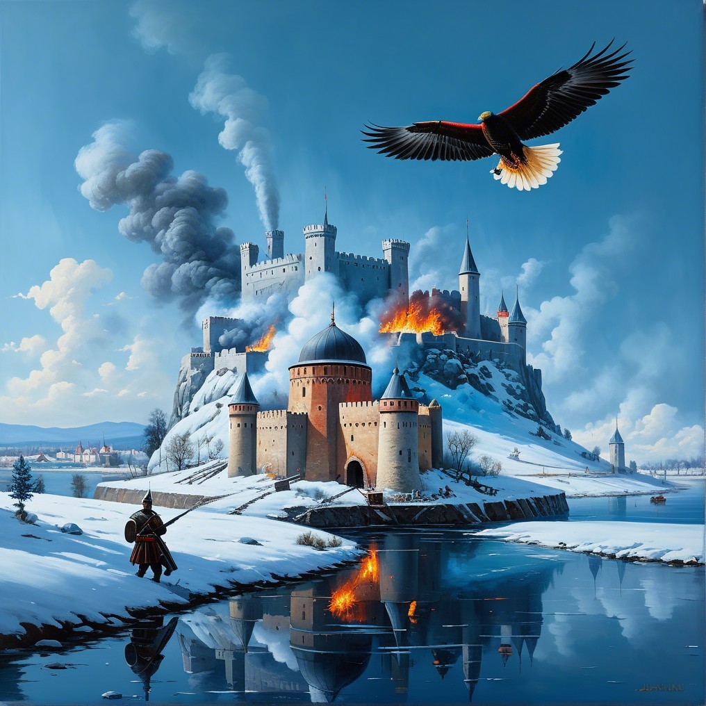 Medieval Castle in Flames Amidst Winter Landscape