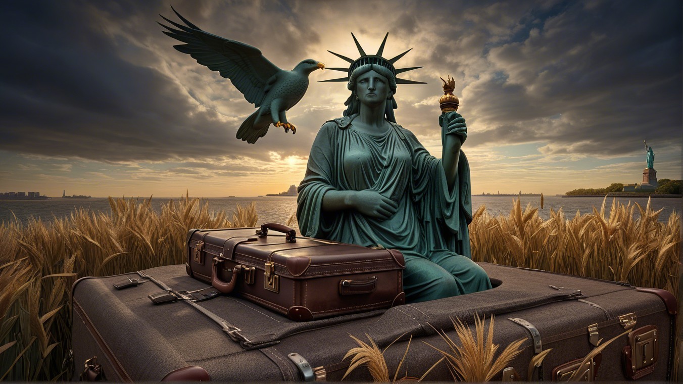 Statue on Vintage Suitcase with Dove and Wheat Fields