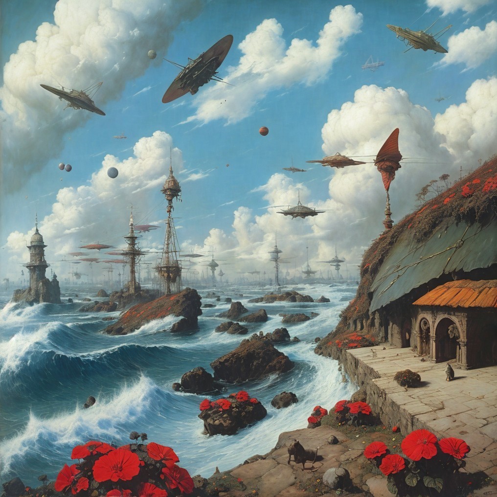 Surreal Seaside Landscape with Steampunk Elements