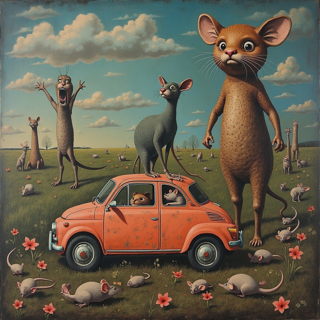 Giant Mouse and Cat in Whimsical Landscape Scene