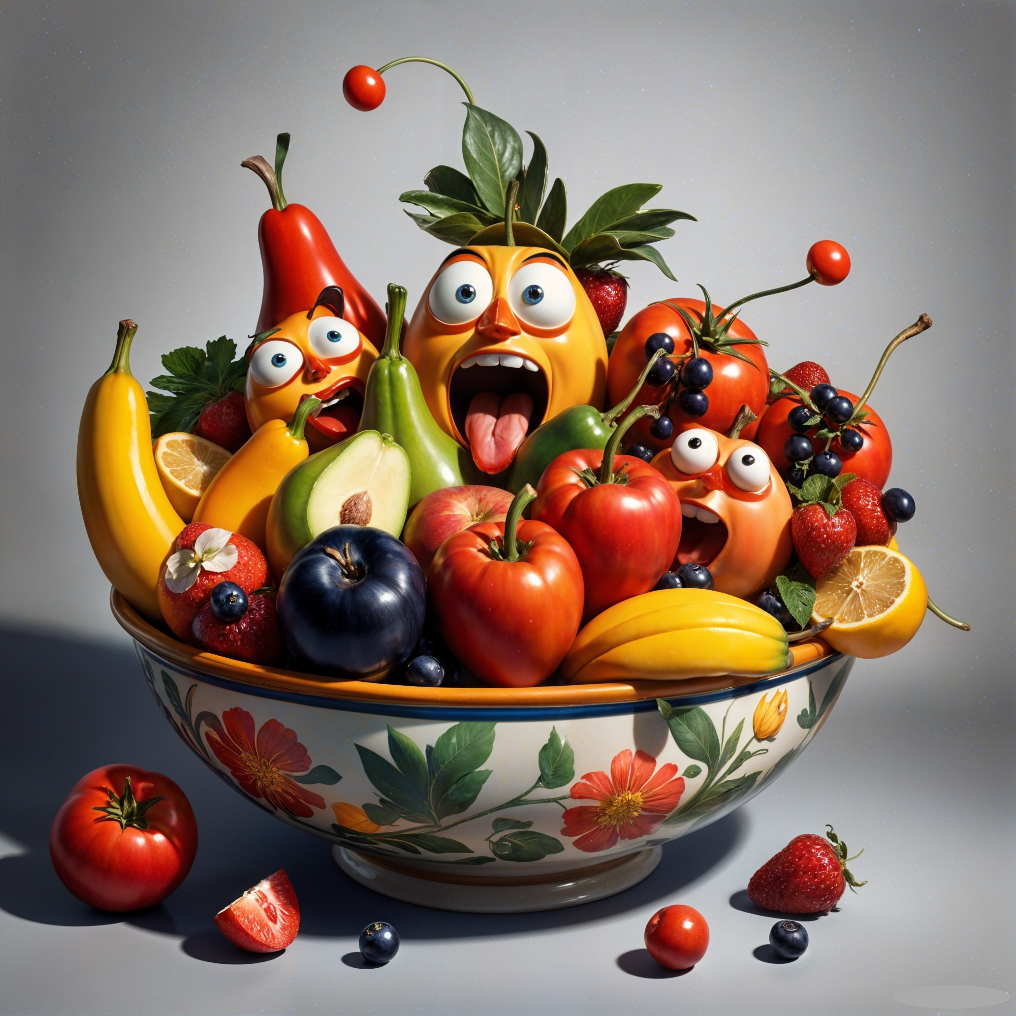Colorful Fruit Bowl with Playful Faces and Decor