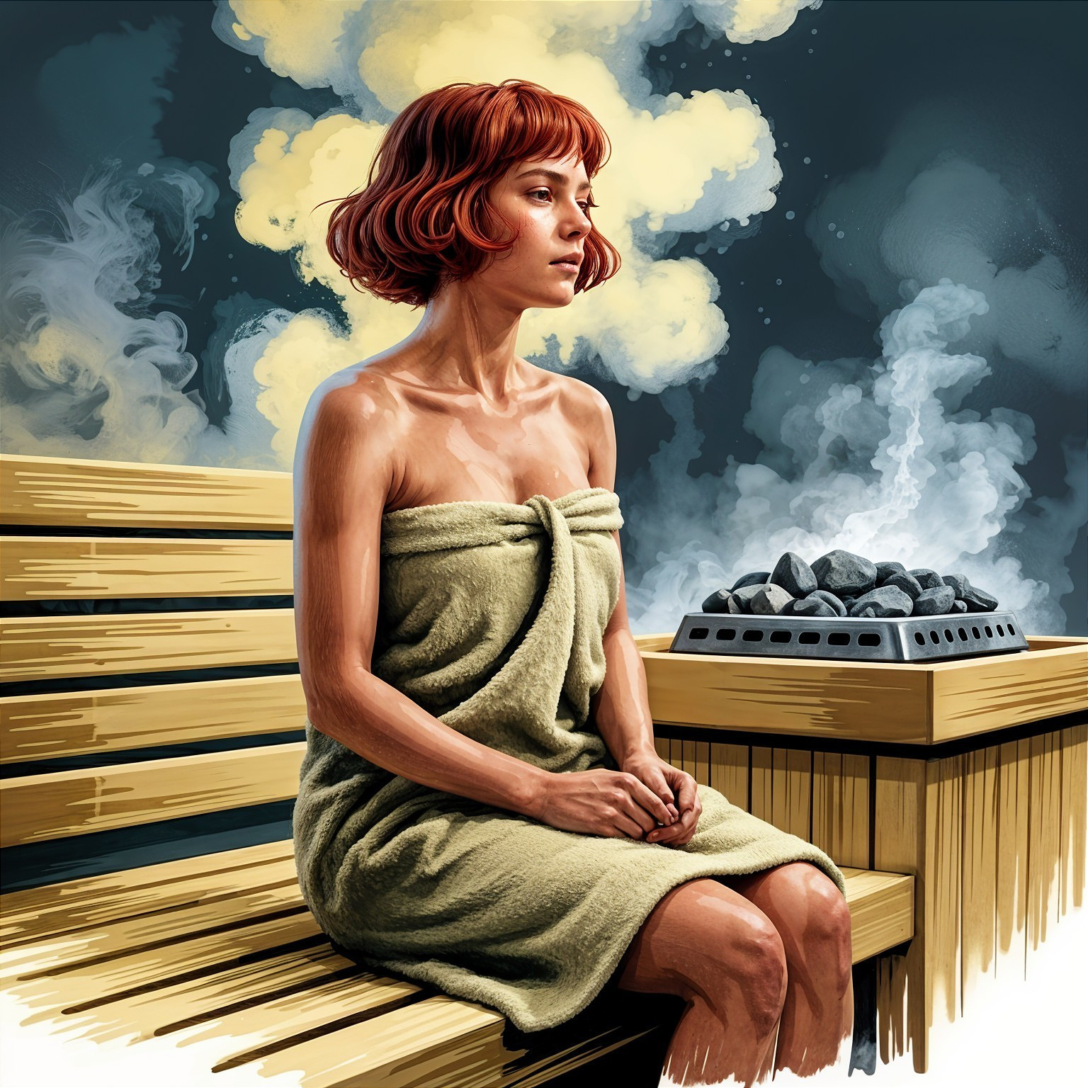 Woman in Sauna Surrounded by Steam and Warmth