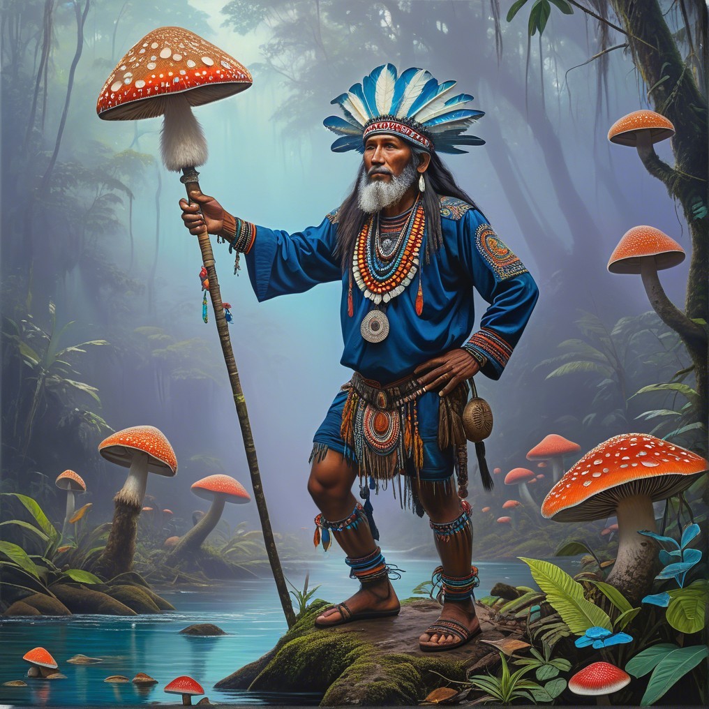 Mystical Figure in Enchanted Forest with Mushrooms