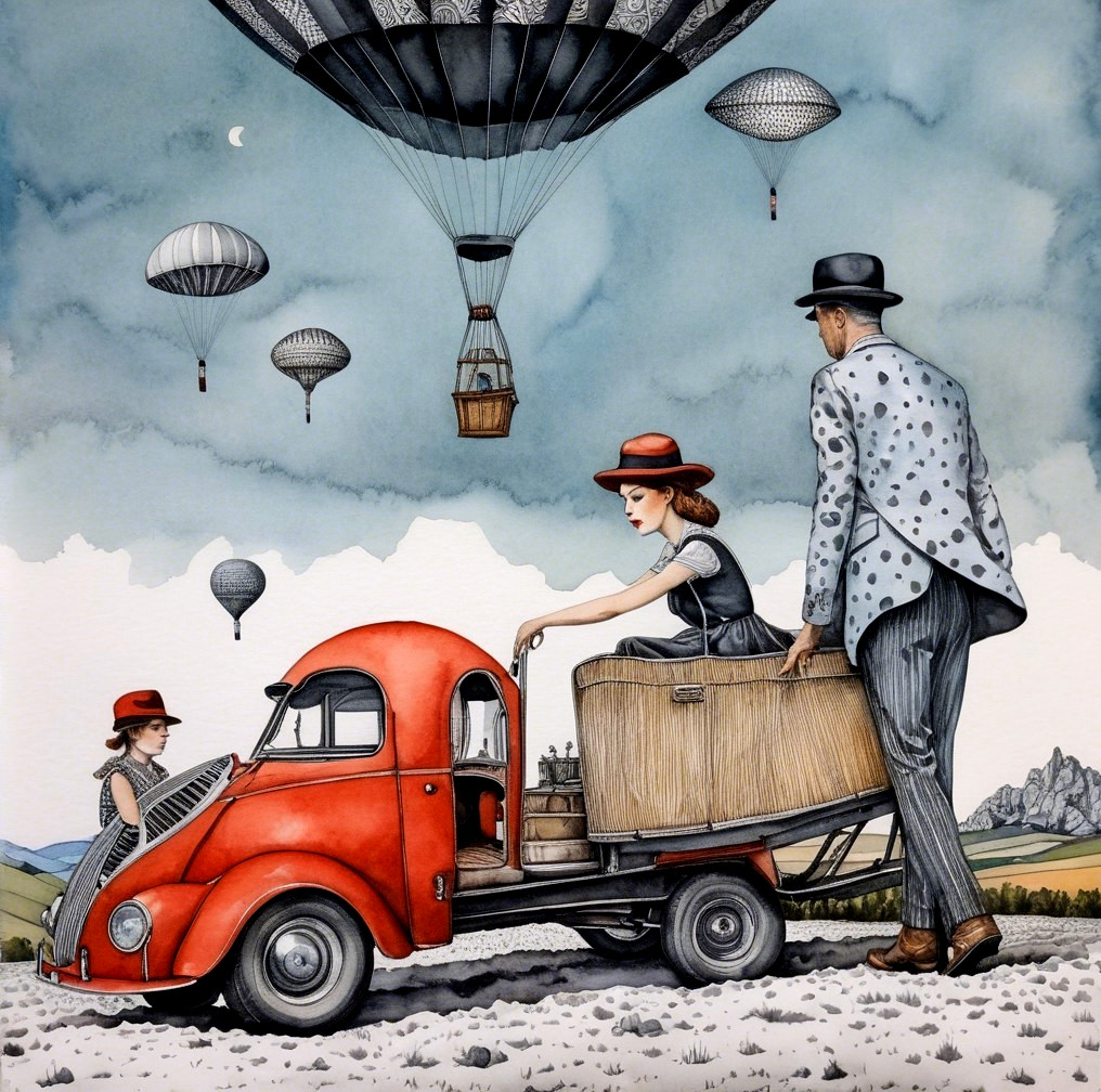 Vintage Red Truck in Whimsical Landscape with Balloons