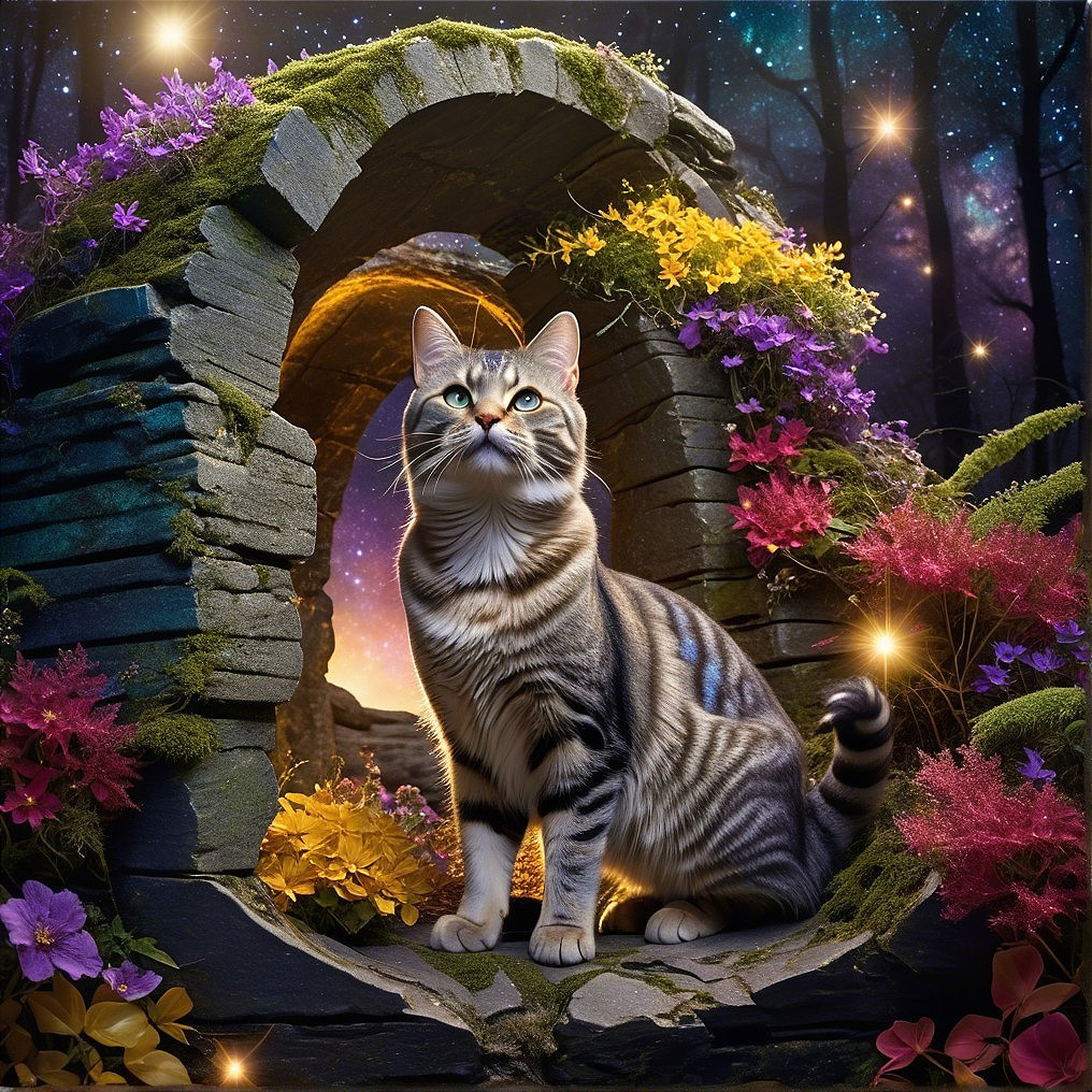 Tabby Cat in Stone Archway with Vibrant Flowers
