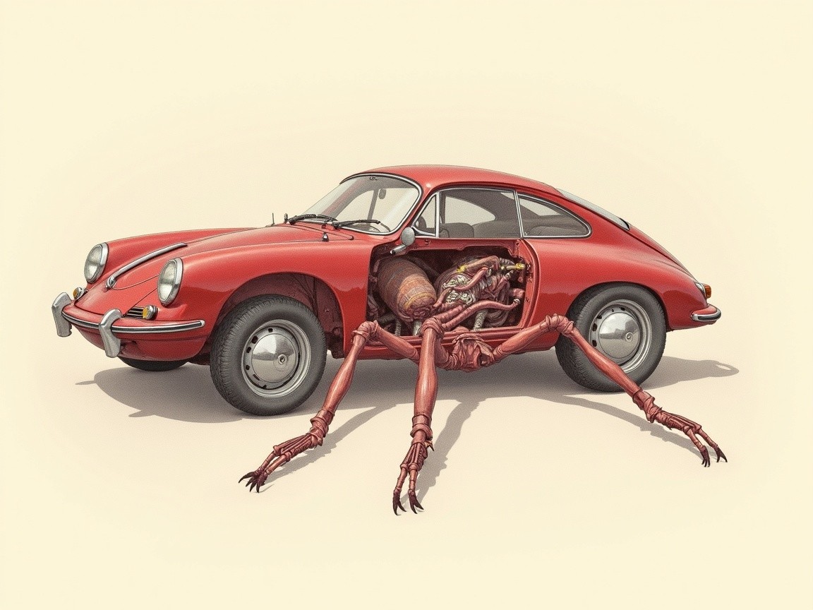 Vintage Red Sports Car with Surreal Creature Inside