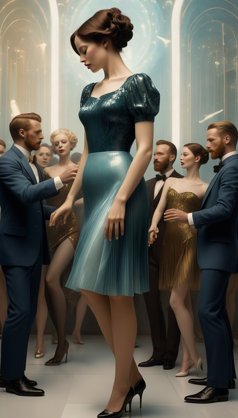 Glamorous Scene of a Woman in Teal Dress Among Crowd