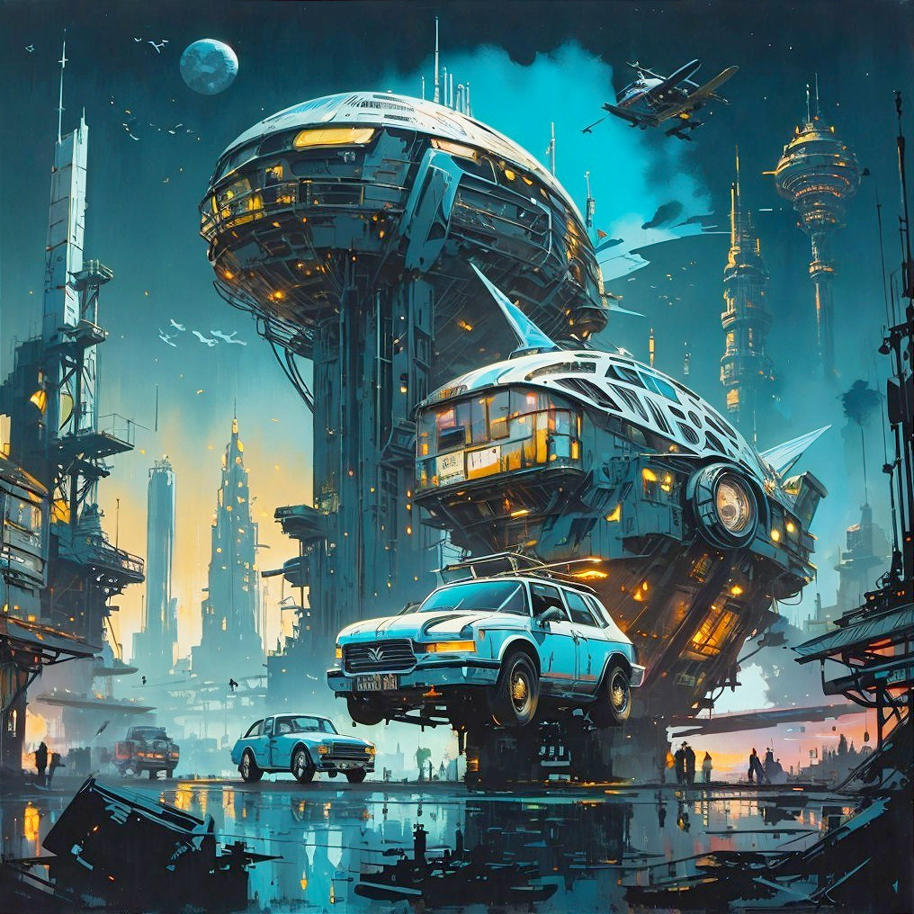 Futuristic cityscape with sleek buildings and flying cars