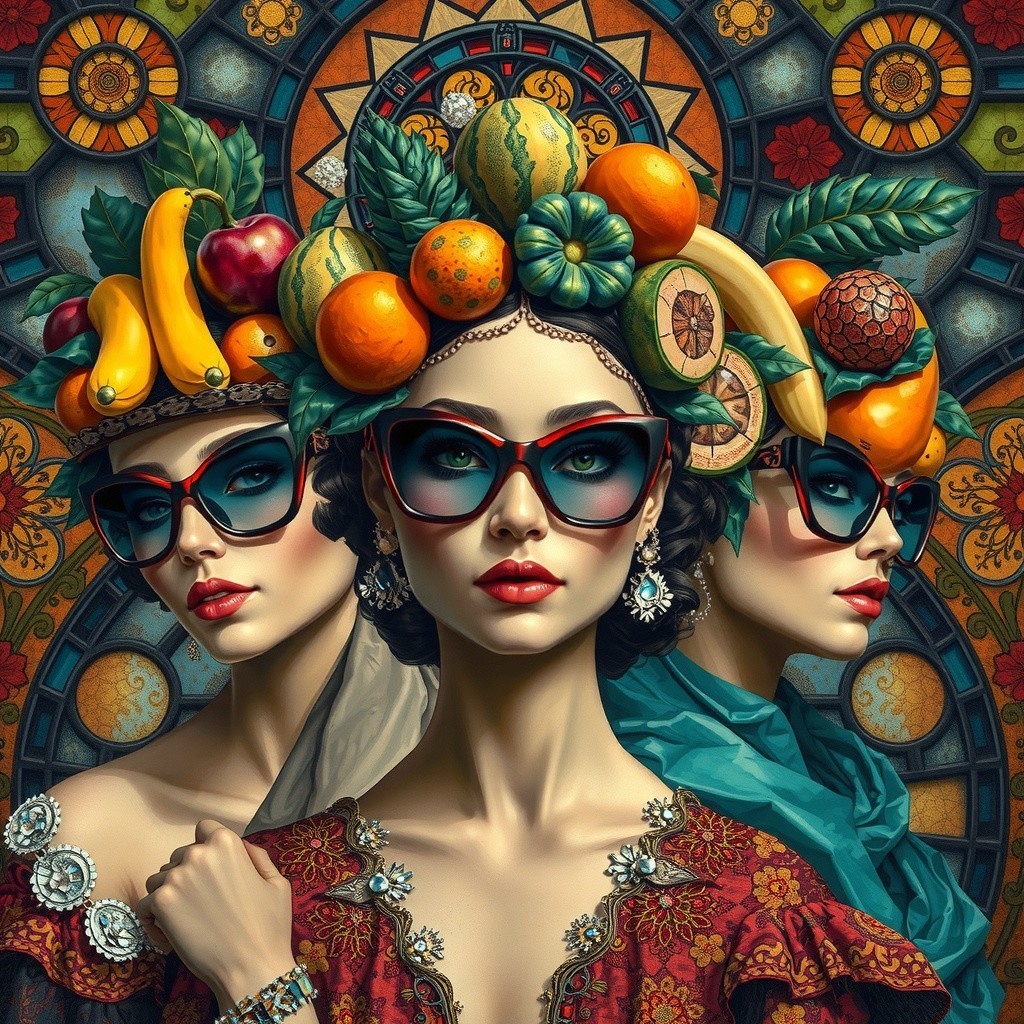 Stylish Women with Fruit Hairstyles and Sunglasses