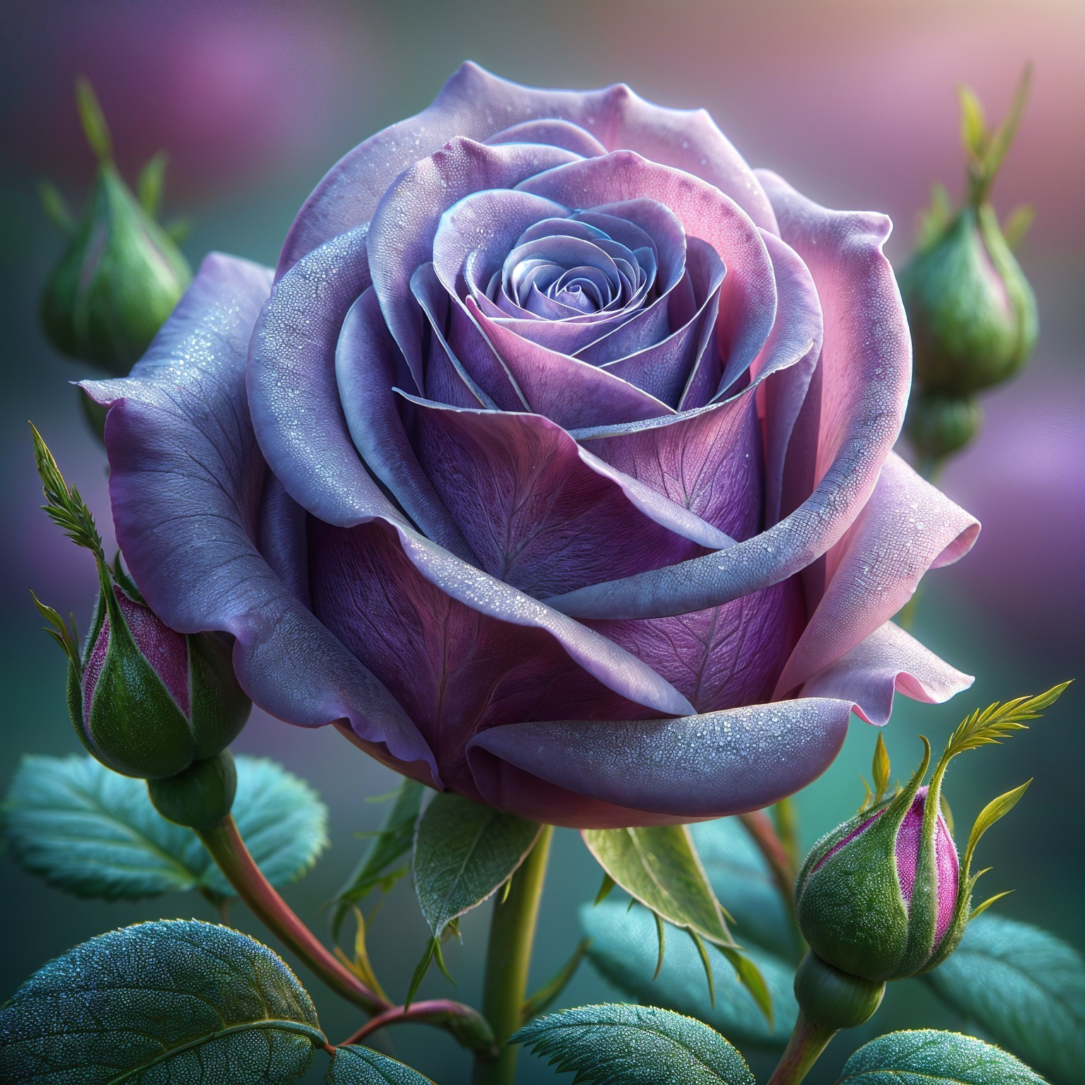 Close-Up of Lavender Rose with Dew and Buds