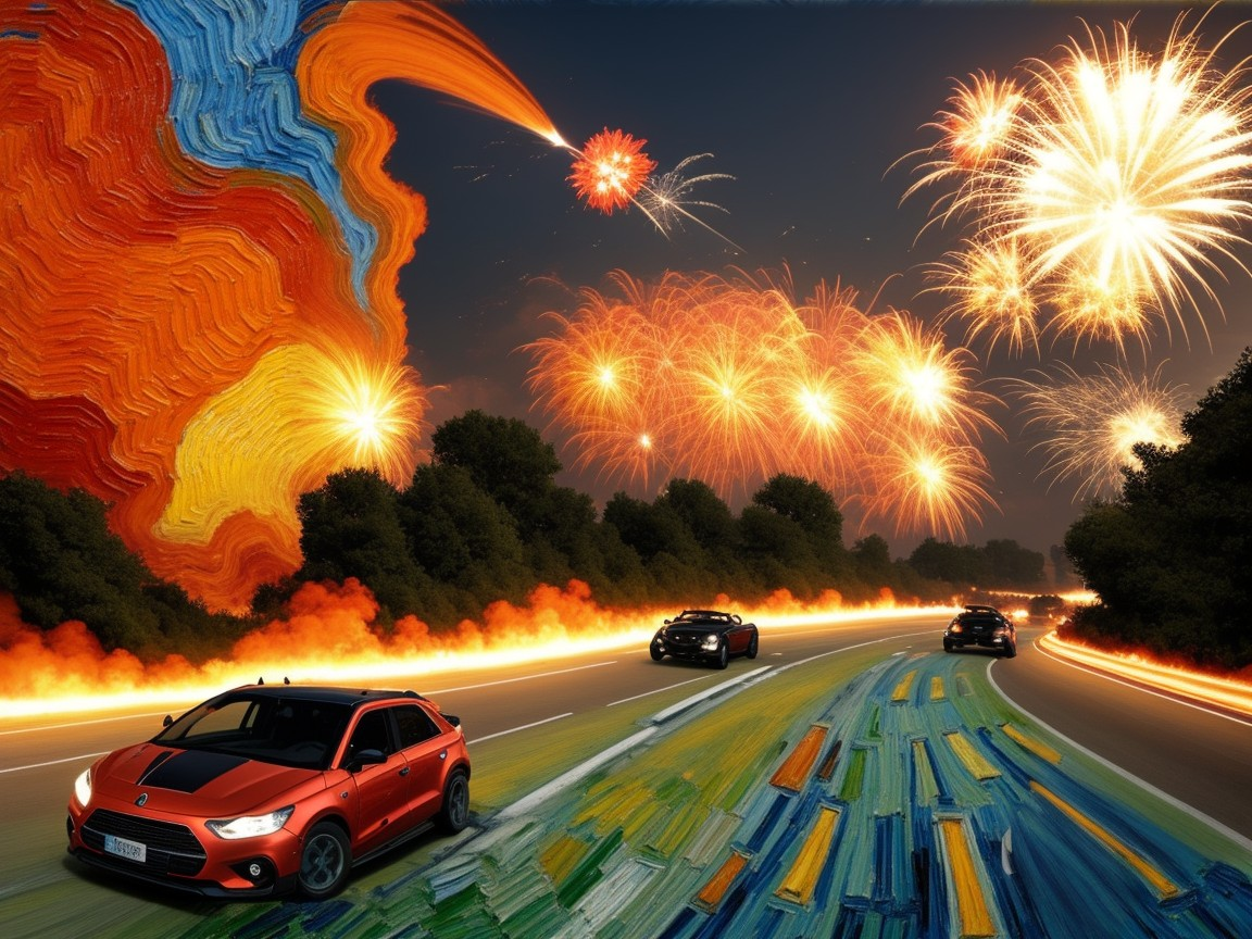 Vibrant Night Scene with Cars and Fireworks Display