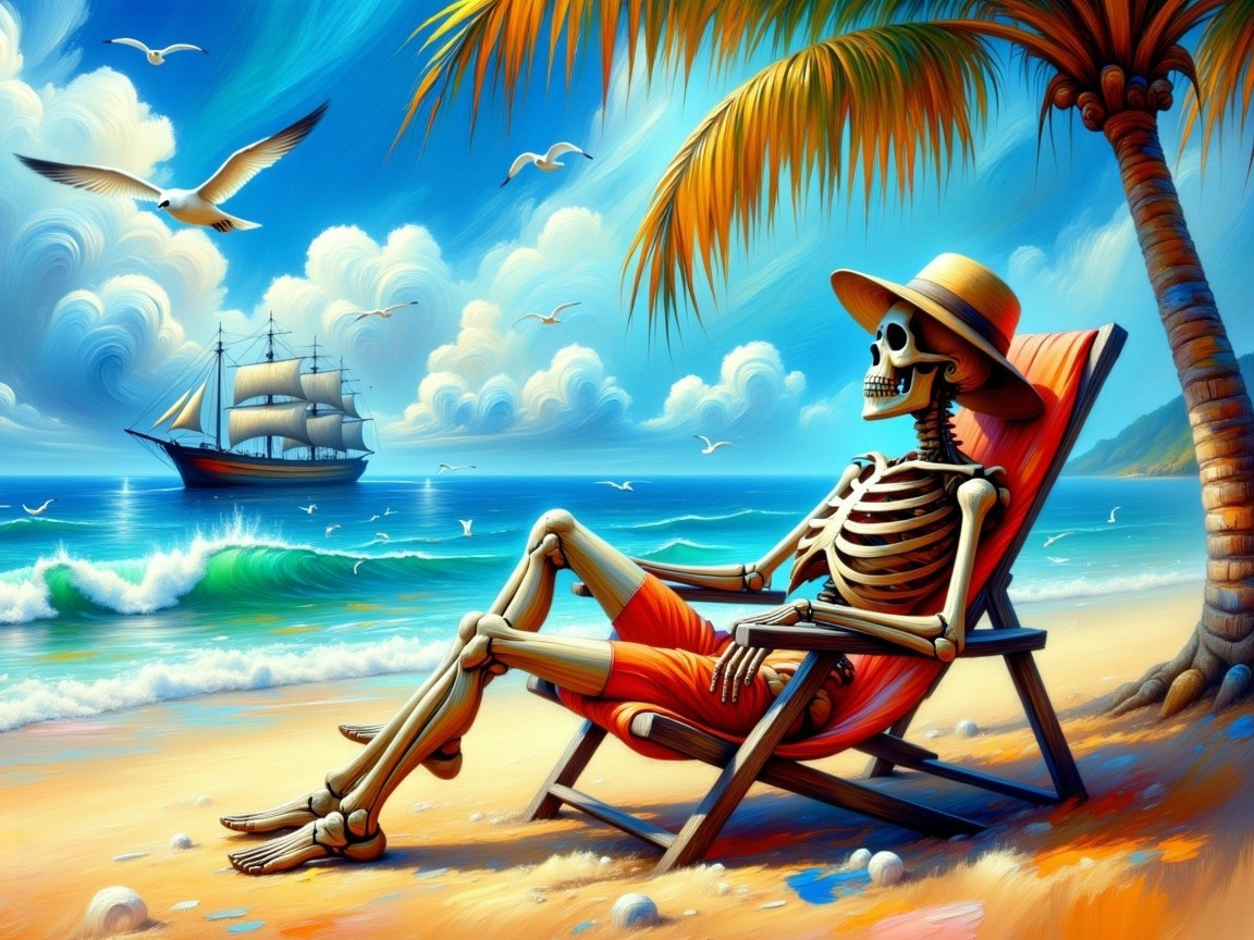 Cheerful Skeleton Relaxing on a Colorful Beach