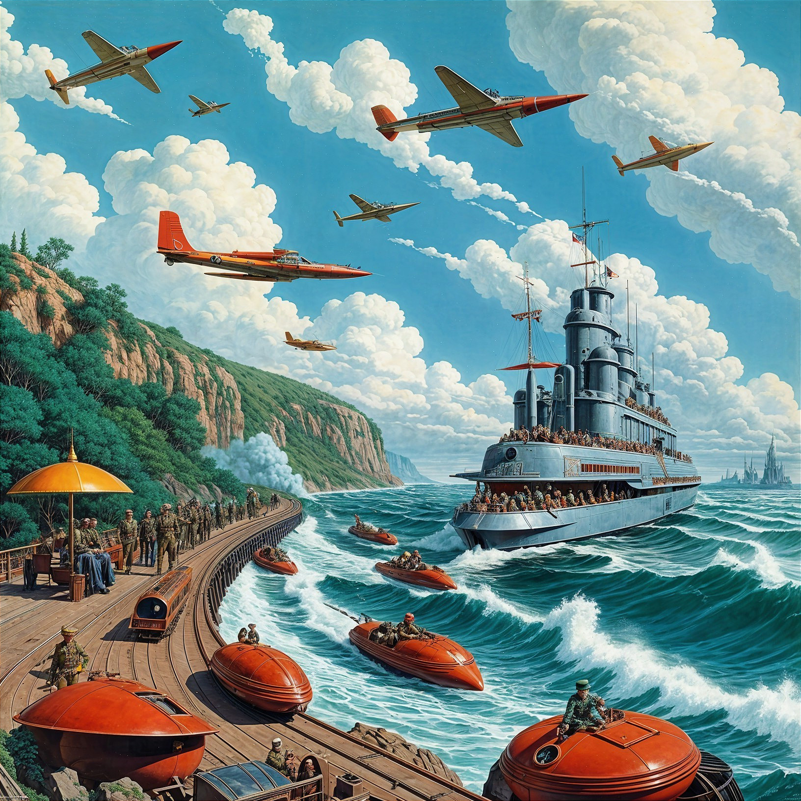 Dramatic Maritime Scene with Battleship and Aircraft