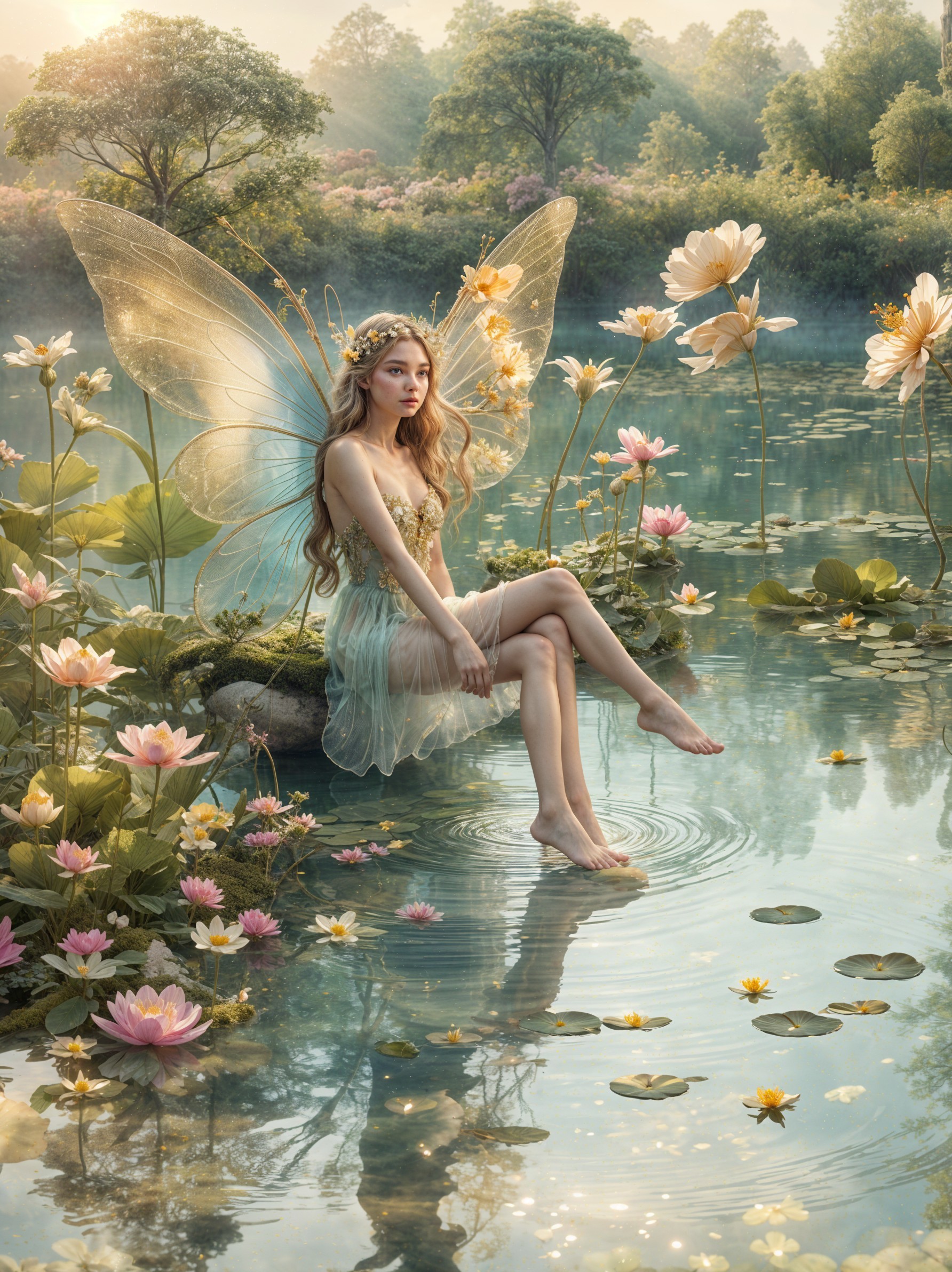 Fairy by Tranquil Pond Surrounded by Nature's Beauty