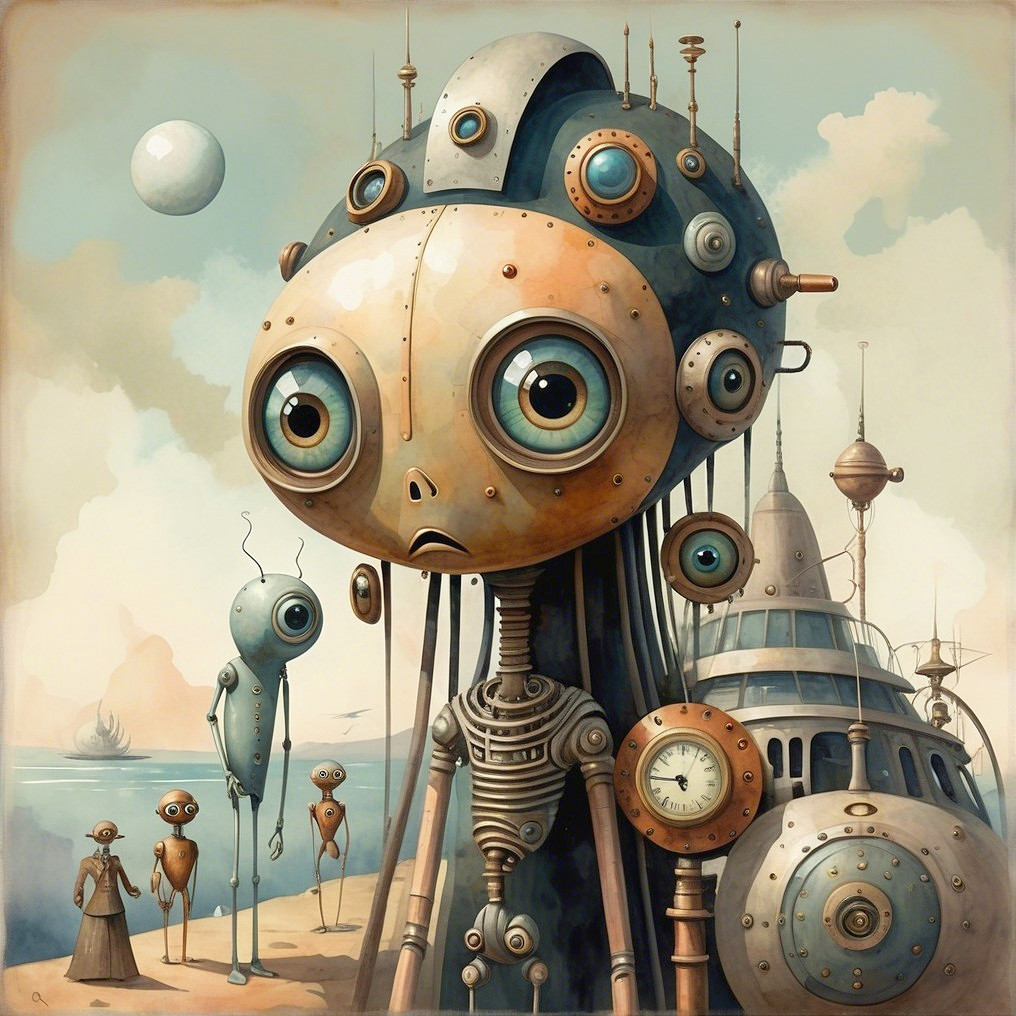 Steampunk Robot in Surreal Landscape with Quirky Companions