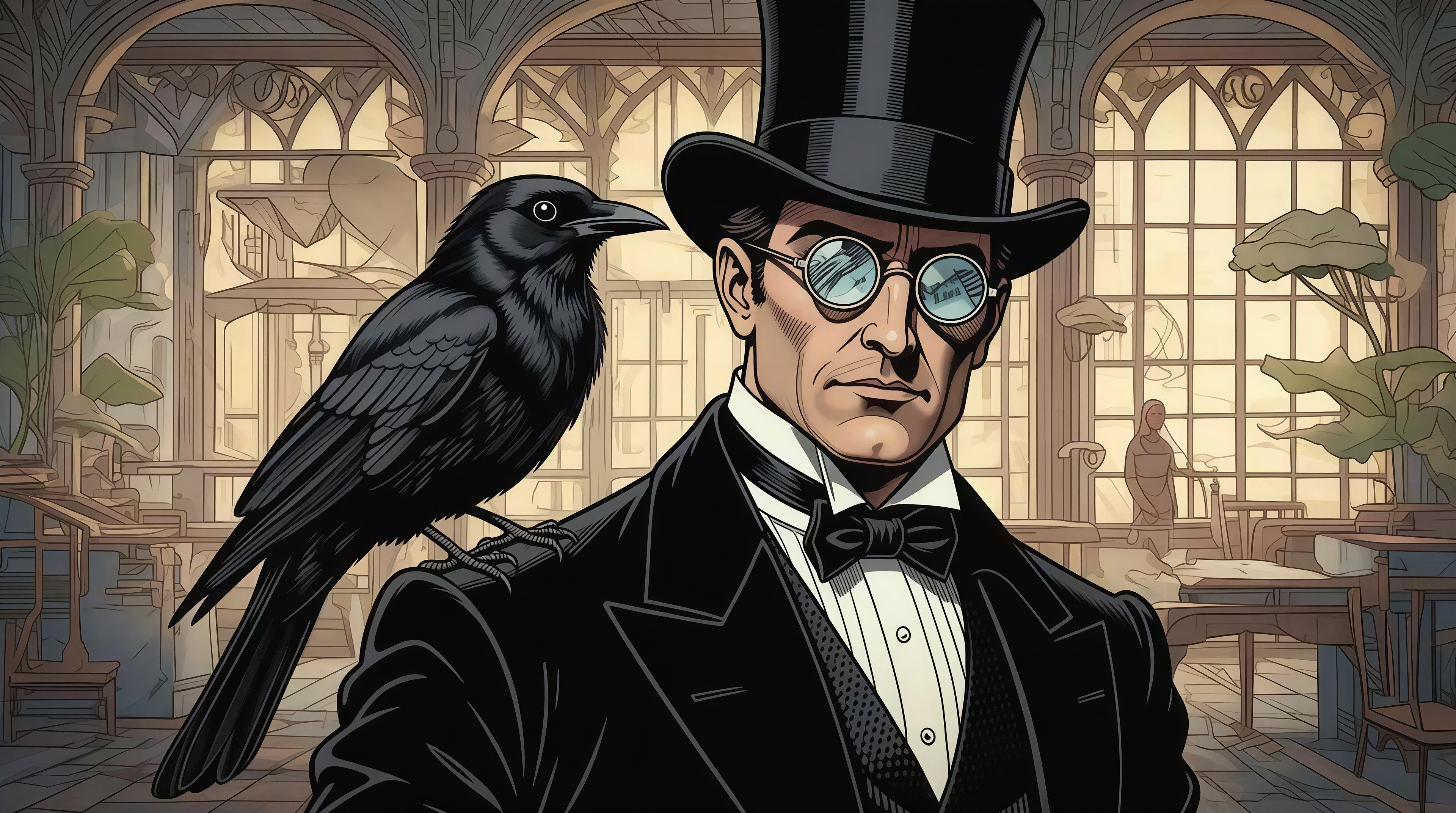 Distinguished Man with Crow in Comic Book Style Art