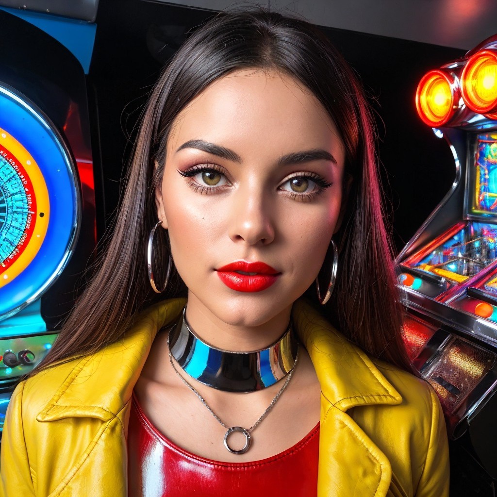 Young Woman Posing in Colorful Arcade Setting