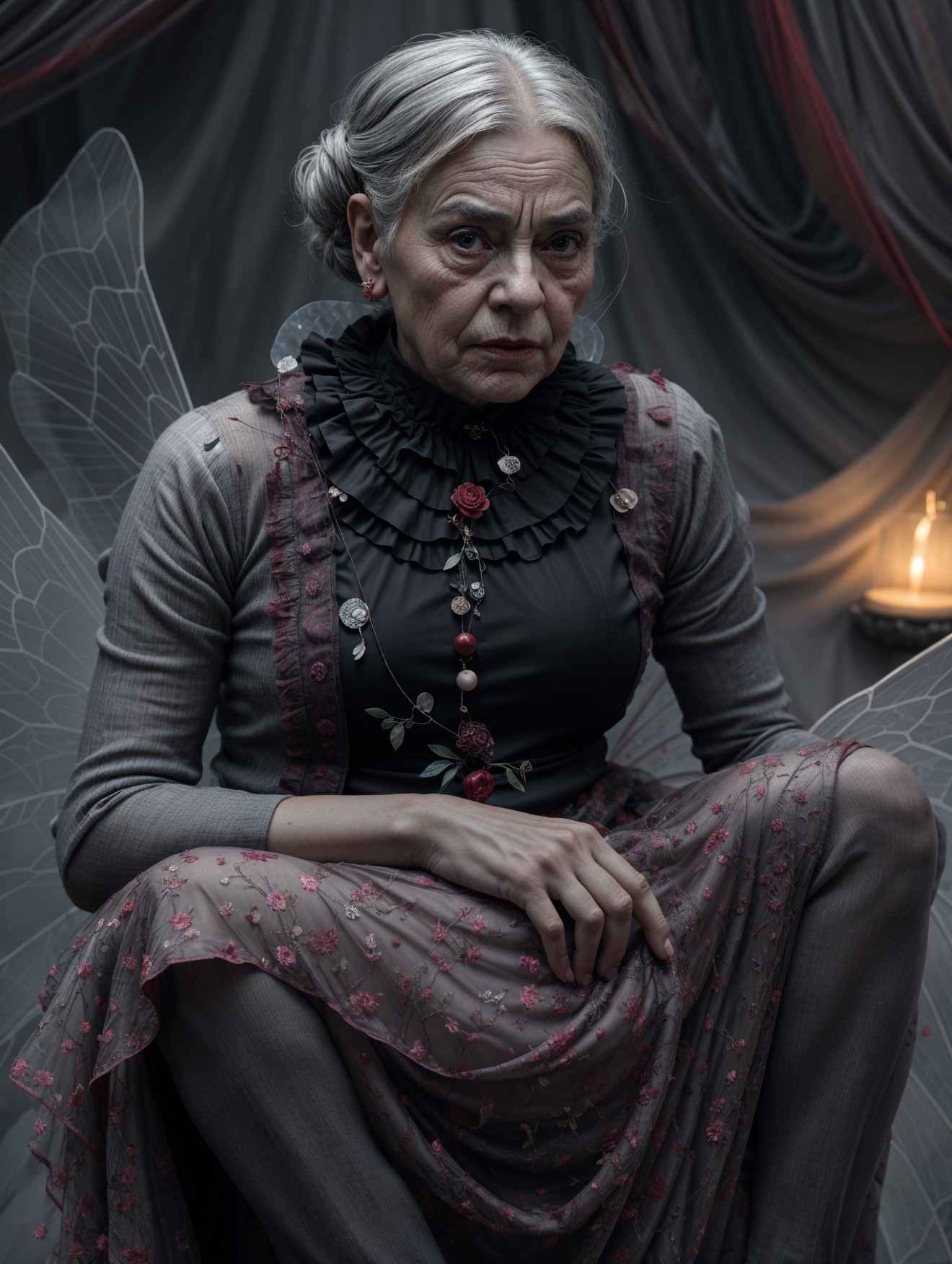 Elderly Woman with Wings in Elegant Attire