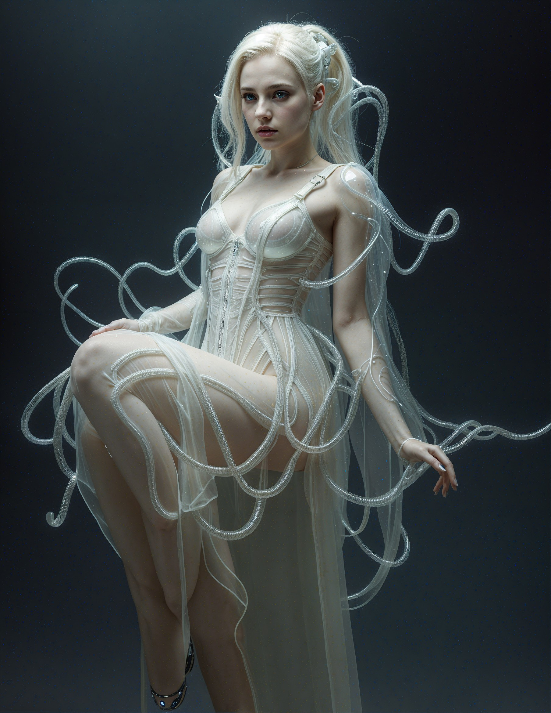 Ethereal Outfit of Translucent Fabric with Whimsical Hair