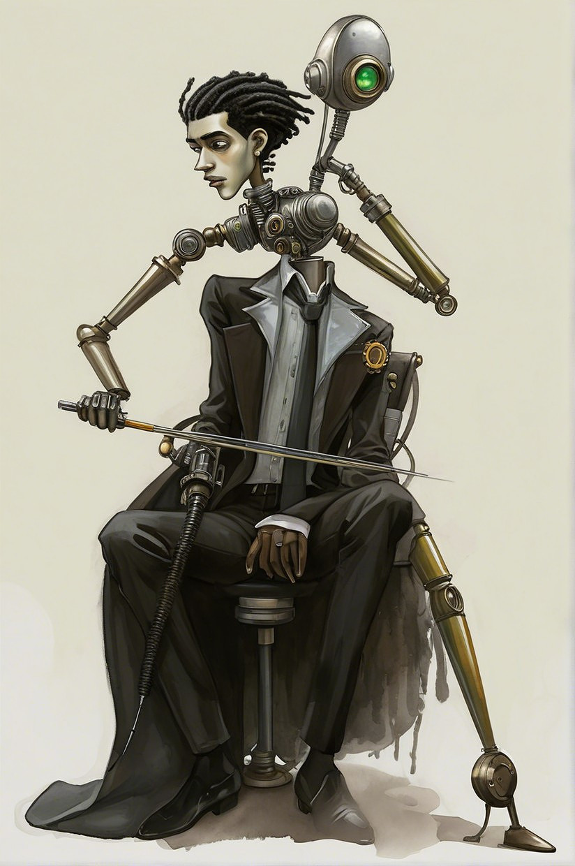 Stylized character in suit with robotic arm and cane