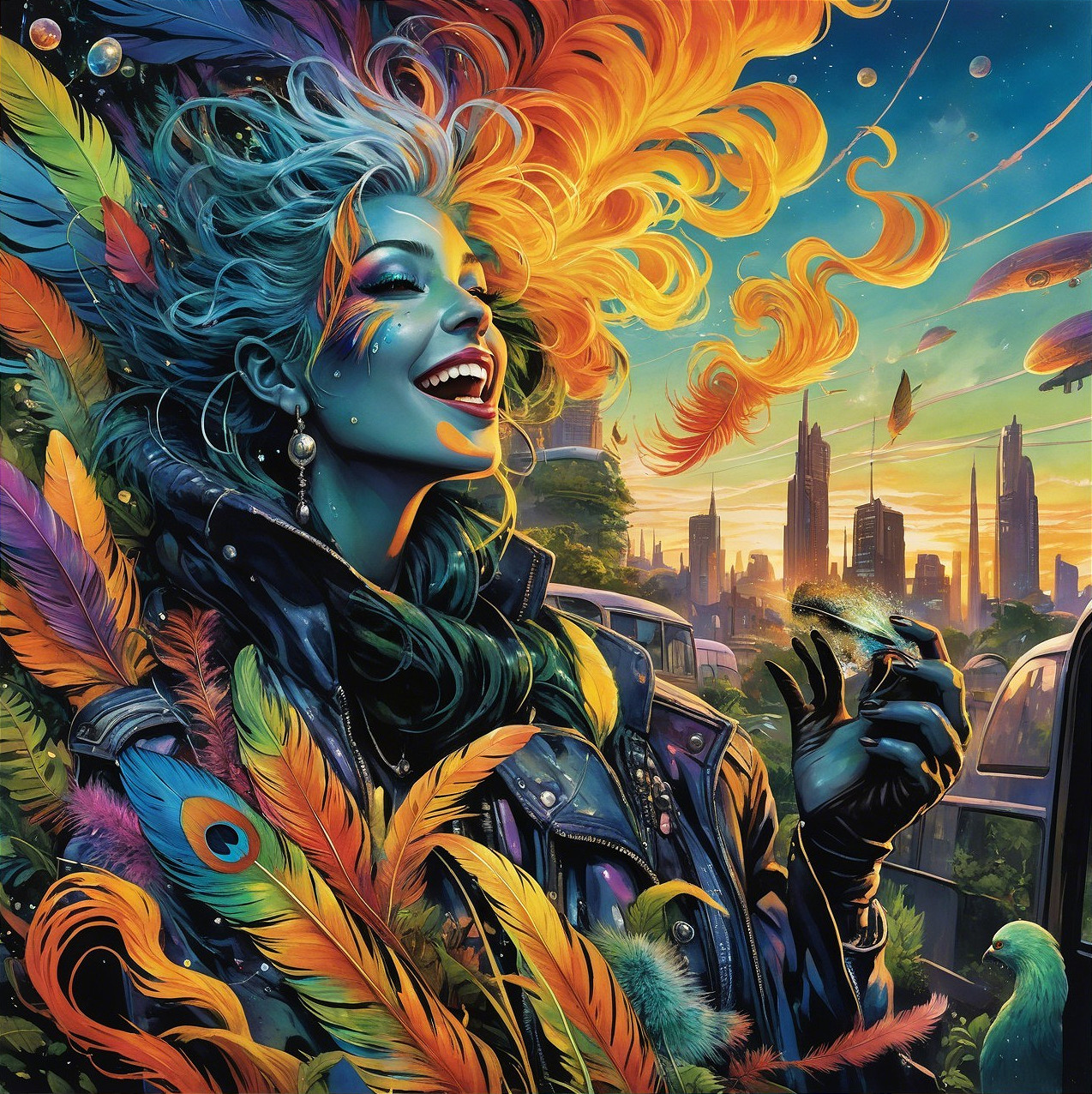 Surreal Artwork of Woman with Teal Skin and Feathers