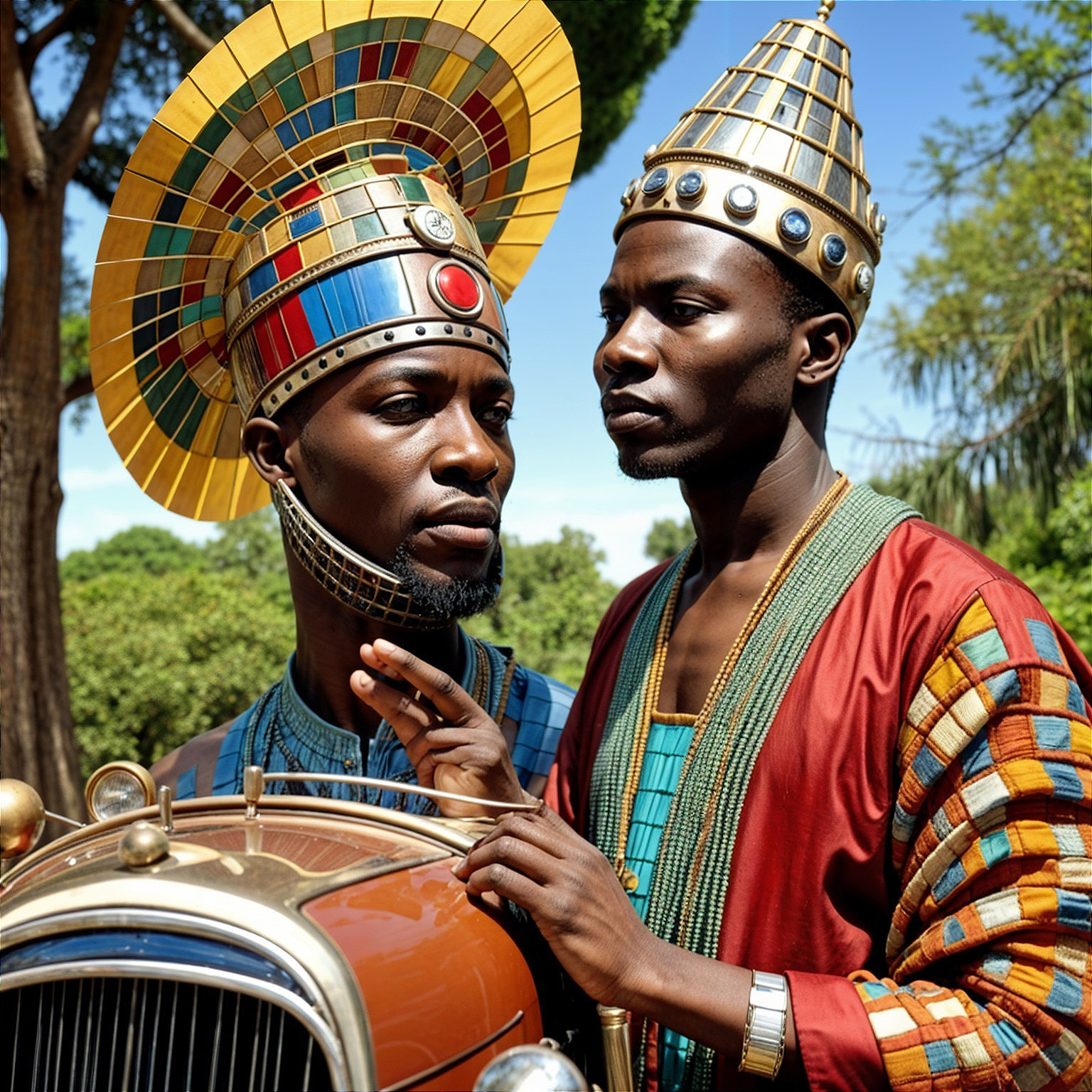 Elegant Men in Traditional Attire by Vintage Car