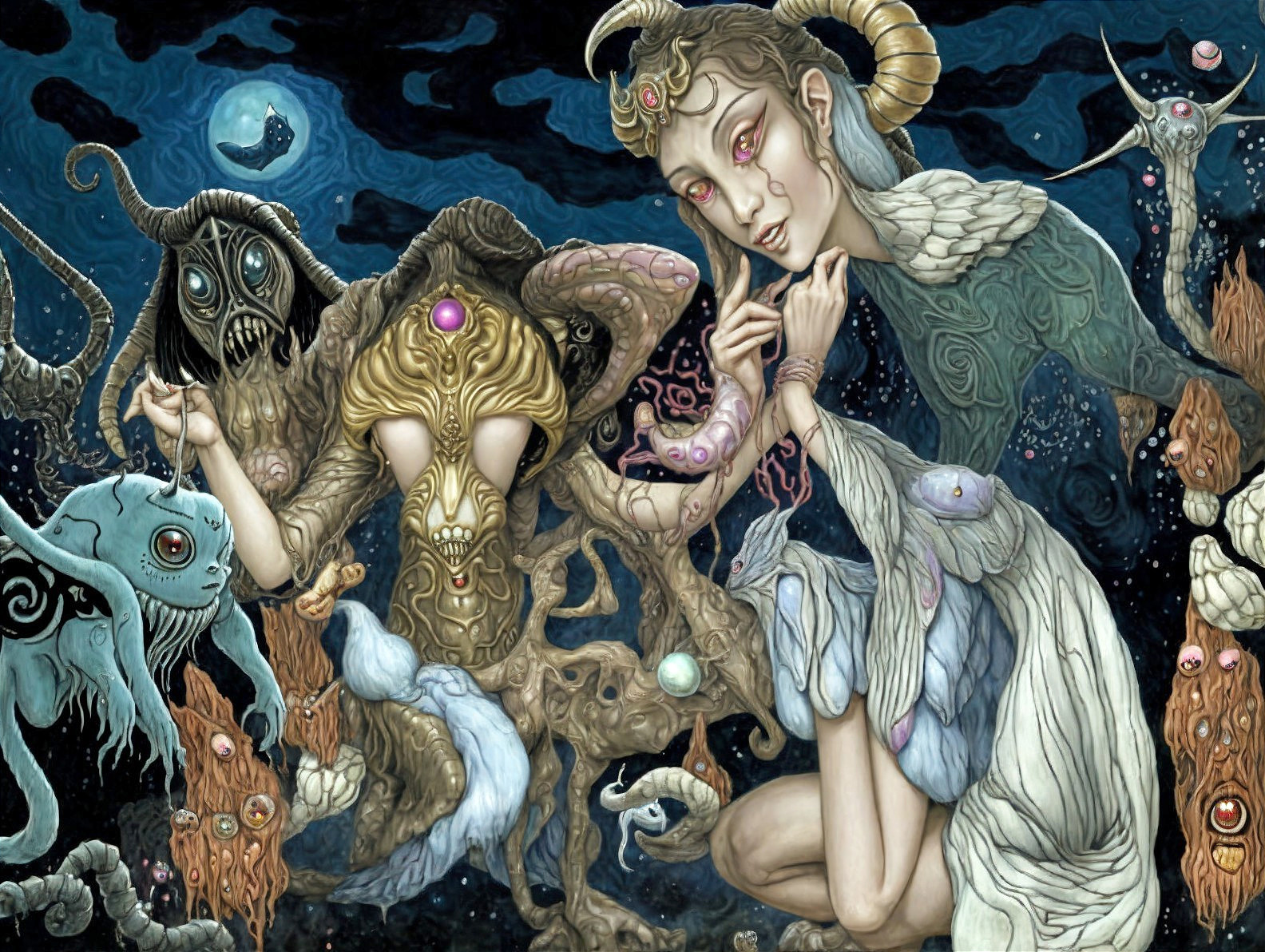 Surreal Artwork with Otherworldly Creatures and Figure
