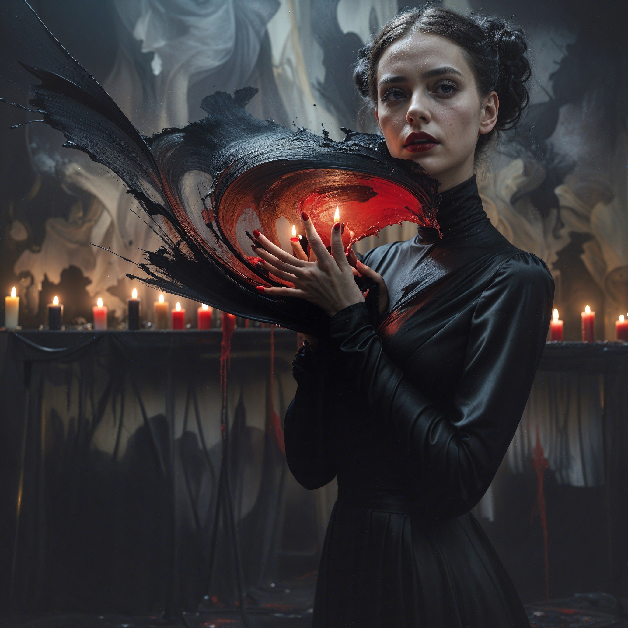Figure in Black Dress Surrounded by Candles and Art