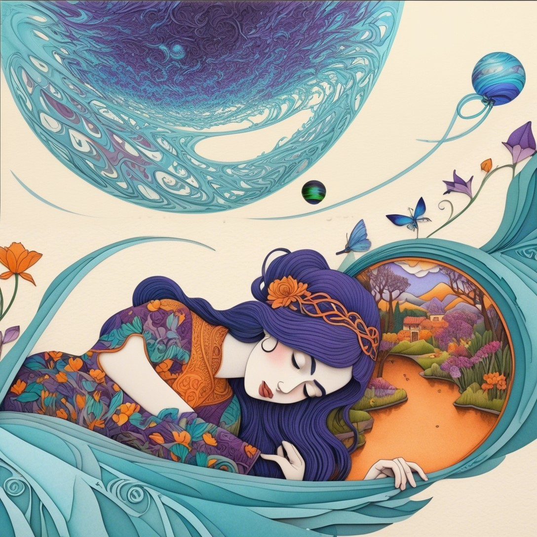 Serene figure with blue hair in a vibrant landscape