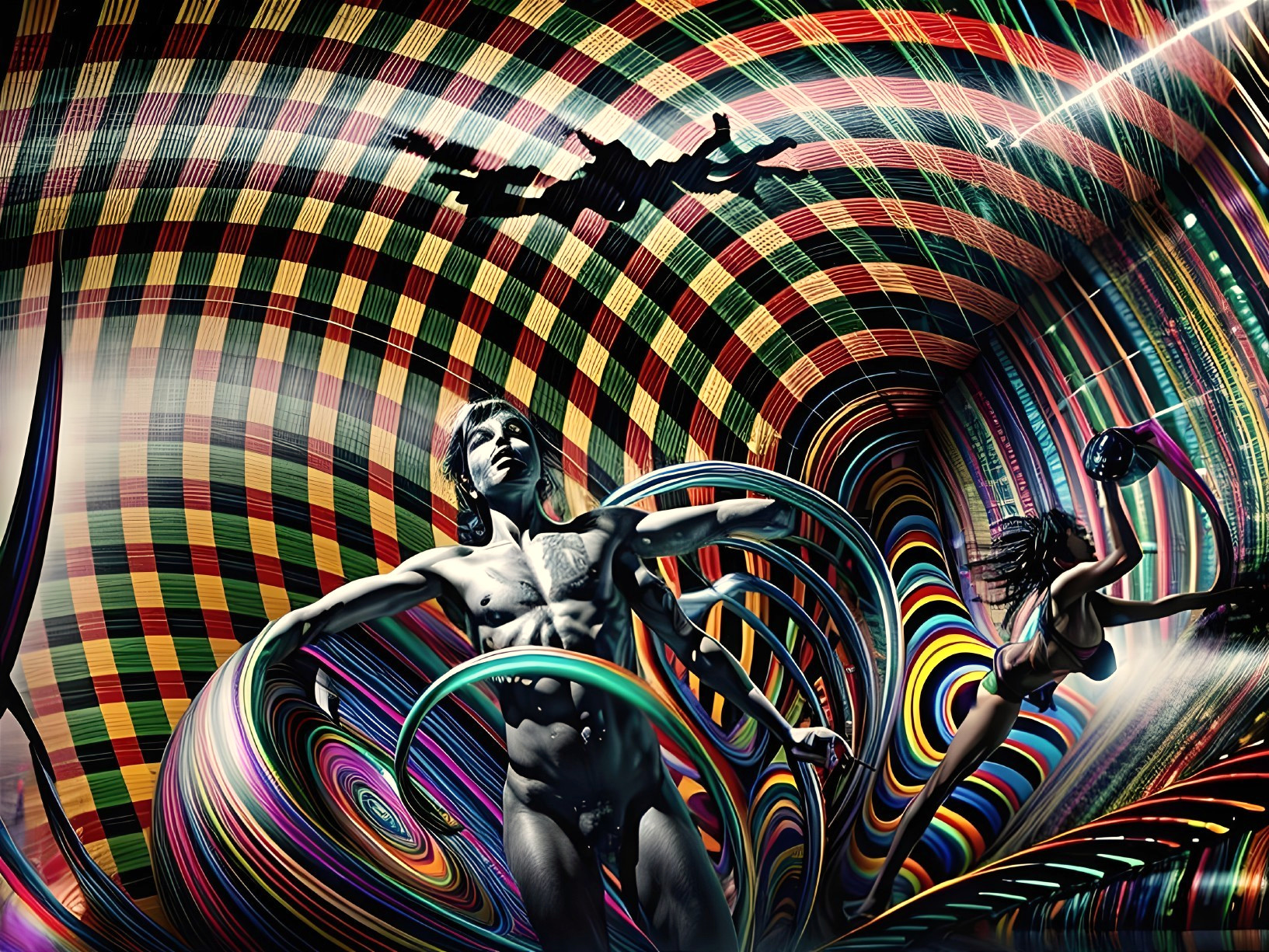 Surreal Scene with Abstract Figures and Vivid Colors