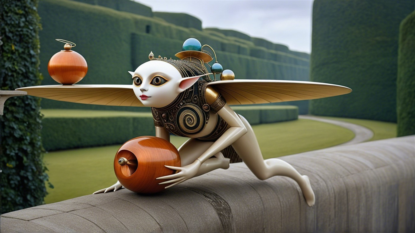 Humanoid Creature with Wings in Enchanted Garden