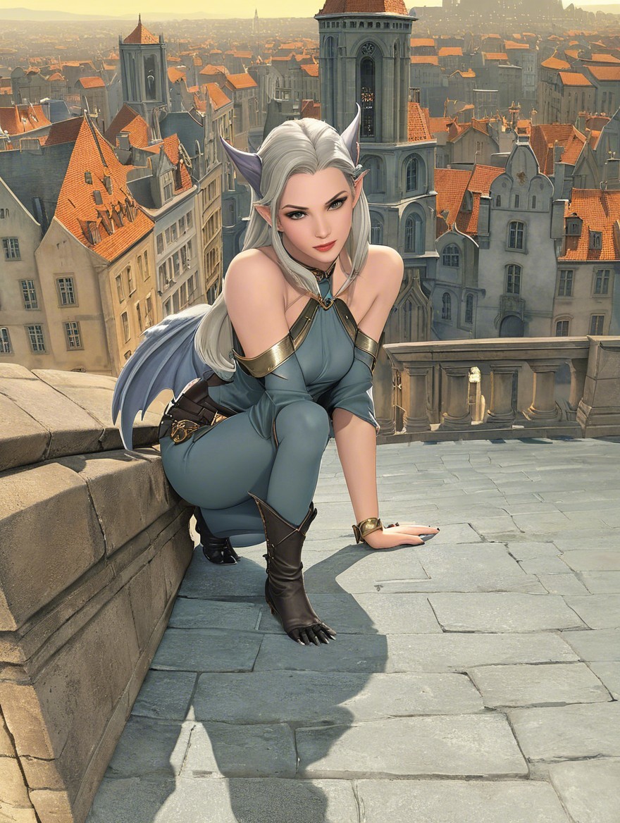 Fantasy Character with Silver Hair and Bat Wings