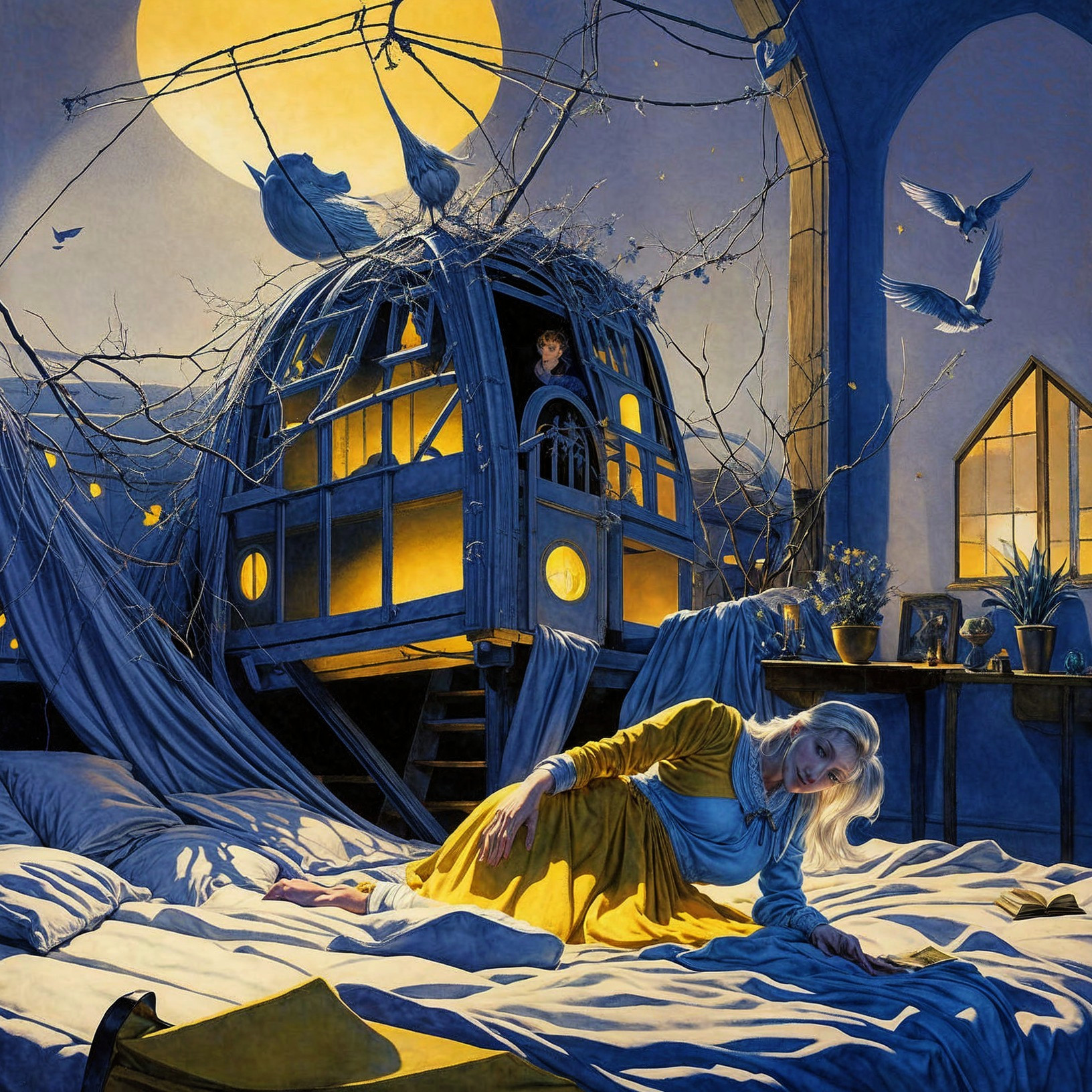 Dreamlike Scene with Woman and Treehouse at Night