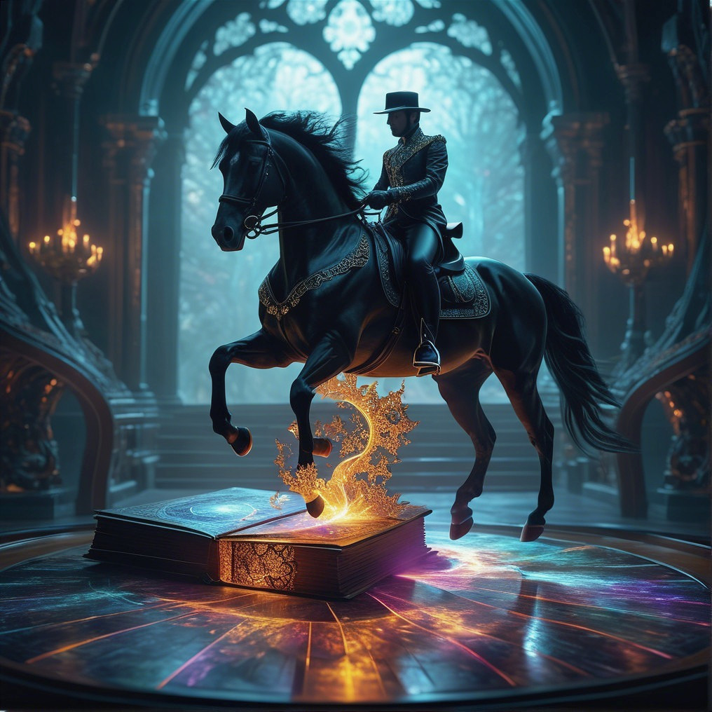 Majestic black horse leaps in candlelit castle scene