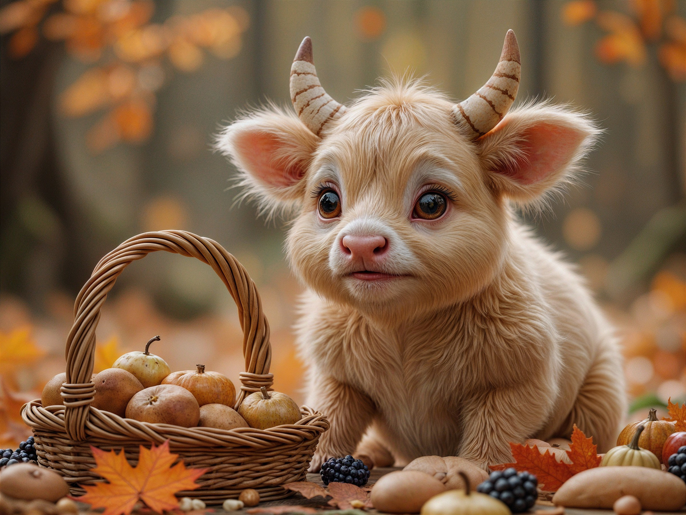 Charming Creature Amidst Autumn Leaves and Bounty