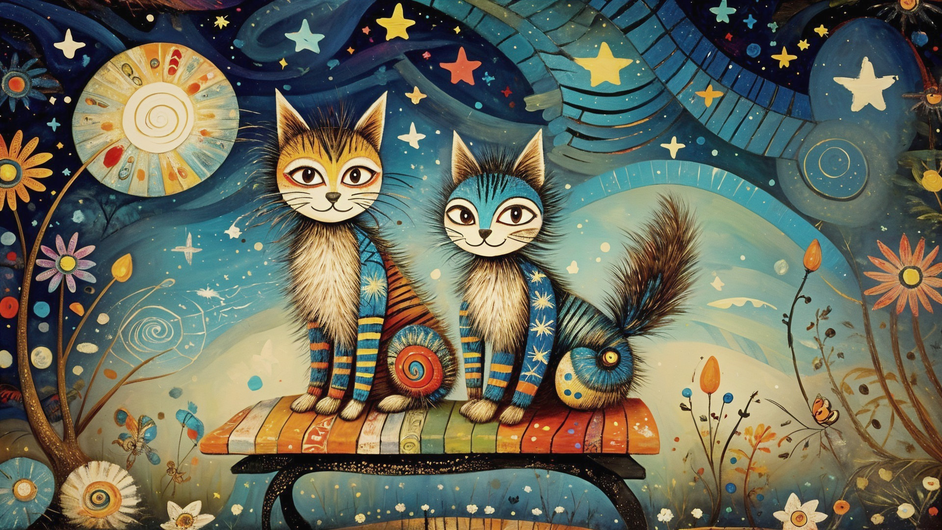 Whimsical Cats on a Striped Bench in Dreamy Landscape